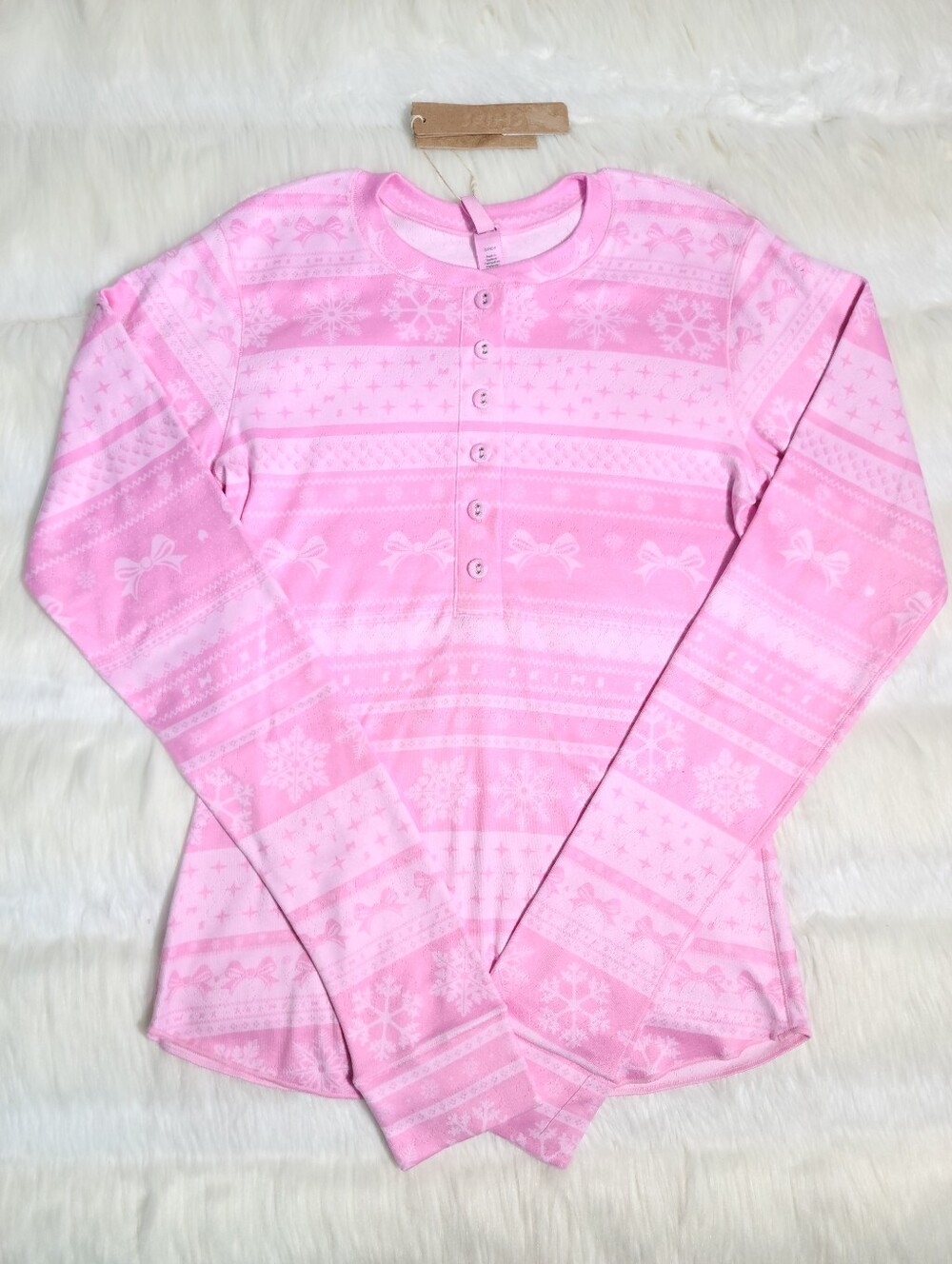 SKIMS Logo Plush Pointelle Henley Long Sleeve Pink Bubblegum Bow Women Small NEW